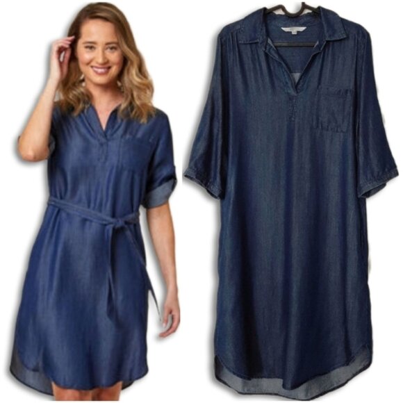 CLEO Utility Sleeve Mini Shirt Dress | Tunic w Pockets Chambray Blue Sz S - Picture 1 of 16